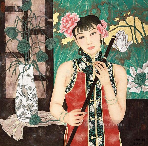 女性と蓮の繁体字中国語油絵